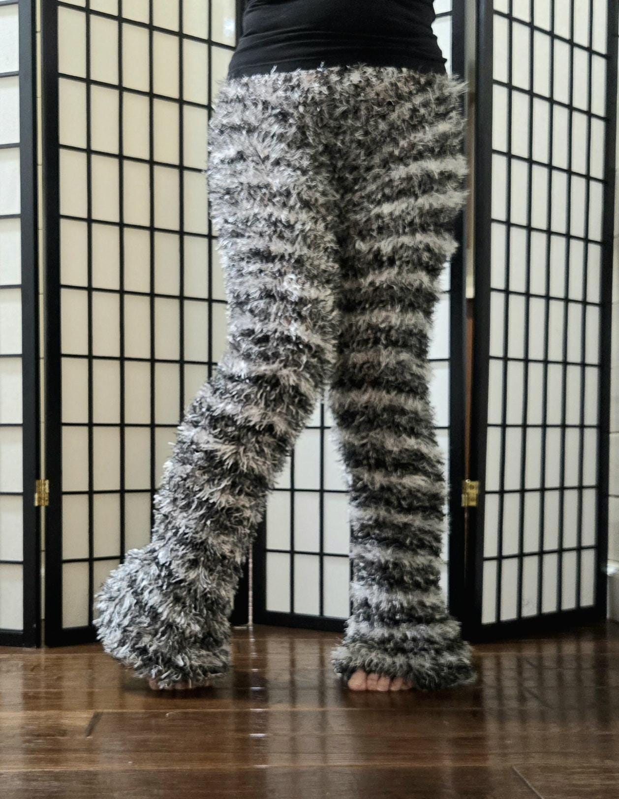 Black and White Striped Magic Fuzzy Pants: Black Light Reflective