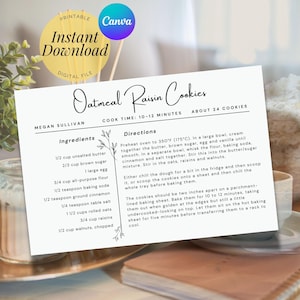 Printable Recipe Card Template Botanical Style Modern Script Cooking Organization Tool Canva Digital Download Format Cooking Gift Idea