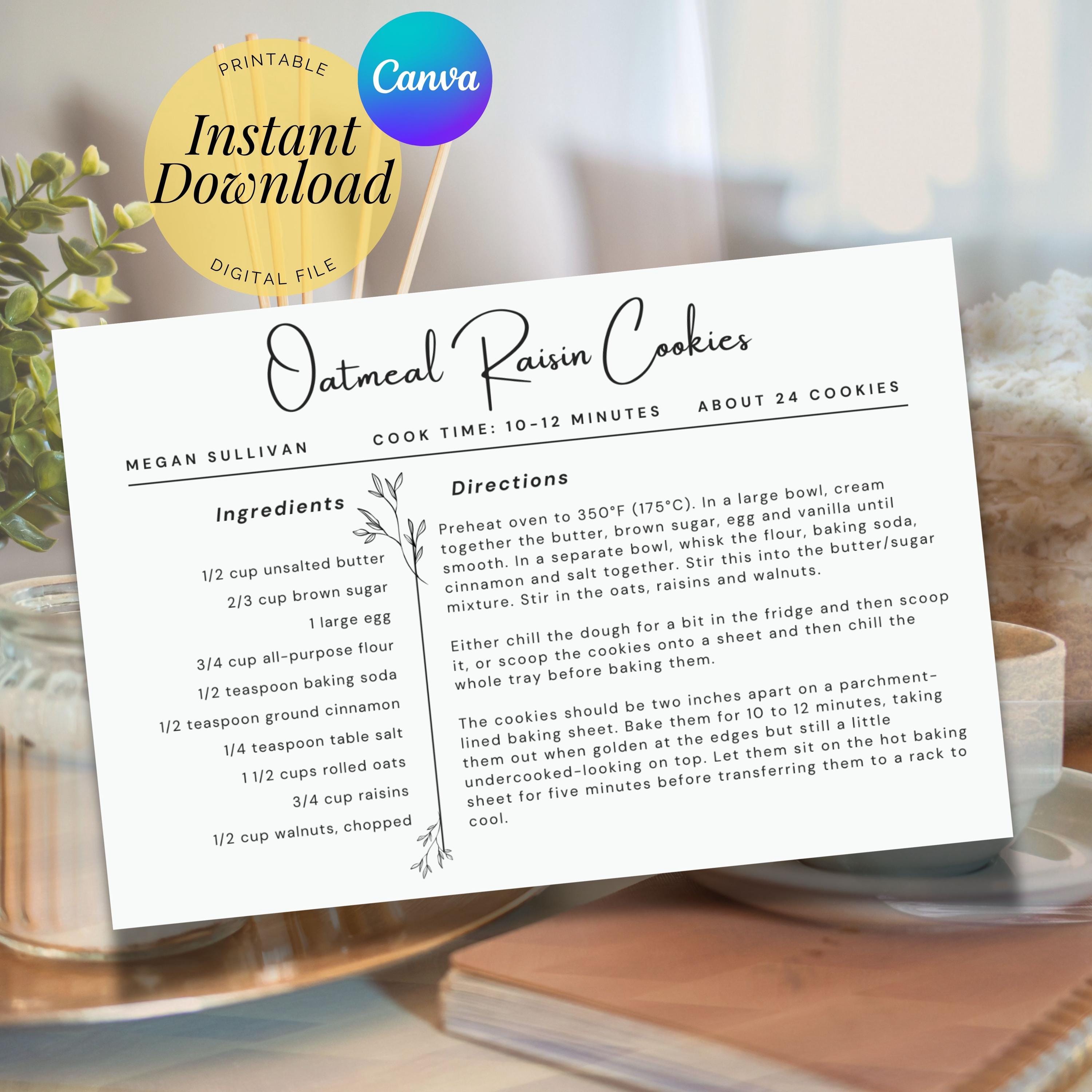 Printable Recipe Card Template Botanical Style Modern Script Cooking ...