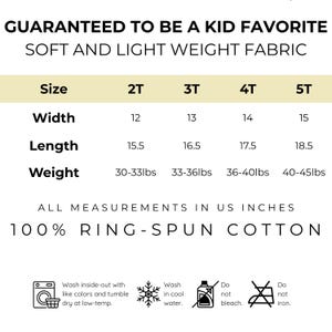 Butter toddler shirt size chart featuring soft lightweight ring spun cotton fabric and toddler fit details. Boutique foodie kids t-shirt designed for comfortable birthday outfits, preschool apparel, baking themes, and playful everyday wear.