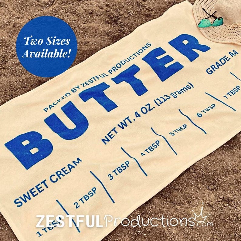 Vintage Beach Towel Summer Essential Quirky Butter Pattern Design Blue Text Detail Cotton Backing Absorbent Material Large Size Options Pool Accessory Retro Style Collection Nostalgic Print Pattern Vacation Ready Item Machine Washable