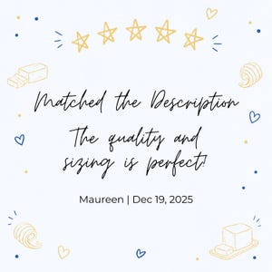 May include: A white background with blue and gold decorative elements, including stars, hearts, and dots. The text reads "Matched the Description. The quality and sizing is perfect!" with a name and date.