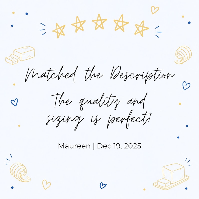 May include: A white background with blue and gold decorative elements, including stars, hearts, and dots. The text reads "Matched the Description. The quality and sizing is perfect!" with a name and date.