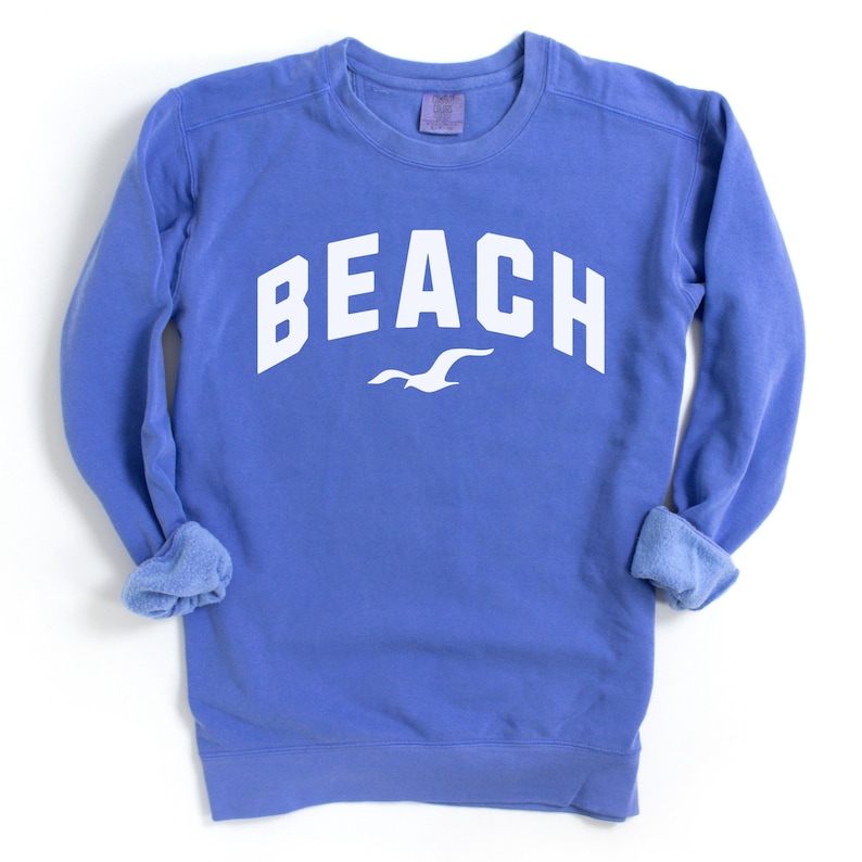 May include: A periwinkle blue sweatshirt with the word "BEACH" in large, white, block letters across the chest. A white seagull graphic is centered below the word "BEACH". The sleeves are cuffed, and the fabric appears soft.