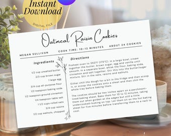 Plantilla imprimible para tarjeta de recetas con estilo botánico y escritura moderna. Herramienta de organización de cocina. Formato de descarga digital Canva. Idea de regalo para amantes de la cocina.