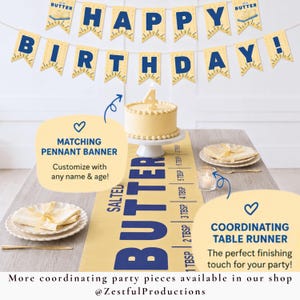 Butter themed birthday party setup featuring matching pennant banner and coordinating butter table runner with retro foodie aesthetic. Boutique toddler birthday decor perfect for baking themed parties, cake smash photos, and playful celebrations.