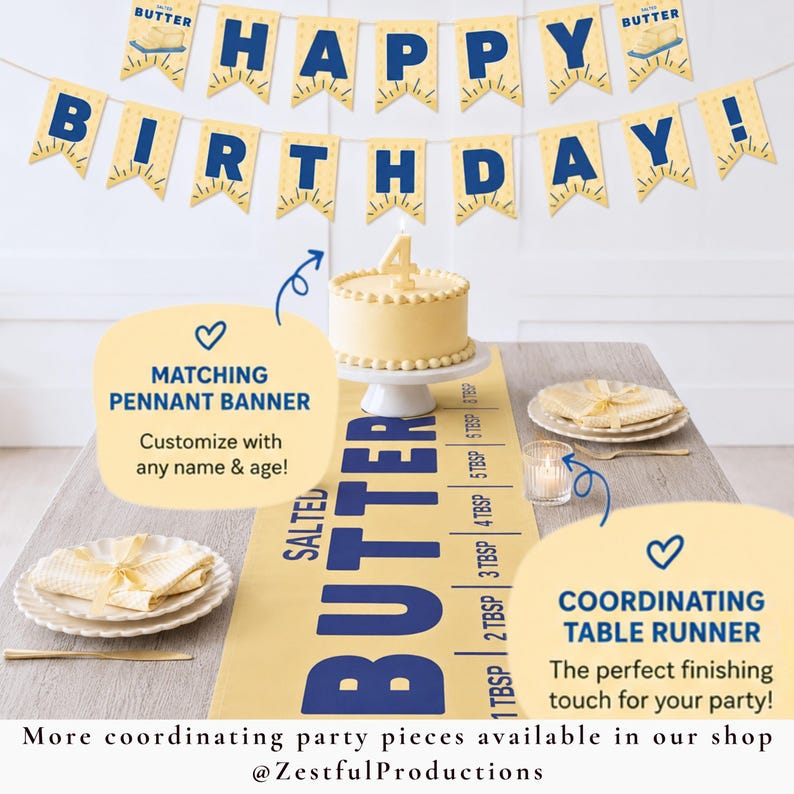 Butter themed birthday party setup featuring matching pennant banner and coordinating butter table runner with retro foodie aesthetic. Boutique toddler birthday decor perfect for baking themed parties, cake smash photos, and playful celebrations.