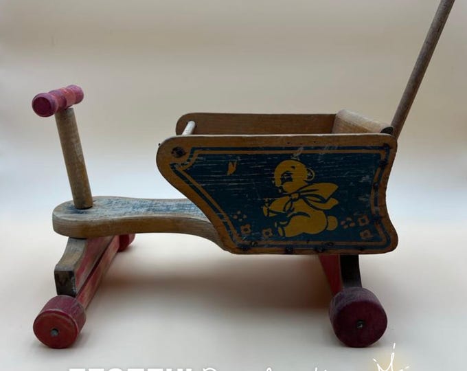Vintage Doll Stroller Mid Century Push Toy Teddy Bear Graphic Cass Toys 1950s Wooden Cart Nursery Decor MCM Home