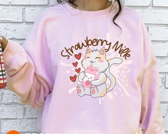 Niedliches Erdbeermilch-Sweatshirt mit Rundhalsausschnitt Kawaii Bekleidung Geschenk für Milchliebhaber Gemütliche Freizeitkleidung Perfekt für alle Jahreszeiten Ideal für Geschenke