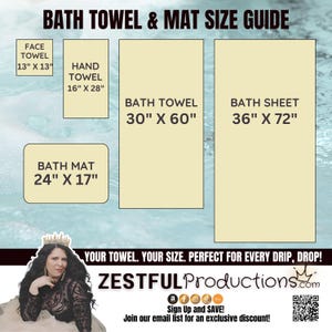 May include: A bath towel and mat size guide showing dimensions in inches. Includes face towels (33 x 33 cm), hand towels (41 x 71 cm), bath towels (76 x 152 cm), bath sheets (91 x 183 cm), and bath mats (61 x 43 cm). Text: BATH TOWEL & MAT SIZE GUIDE.