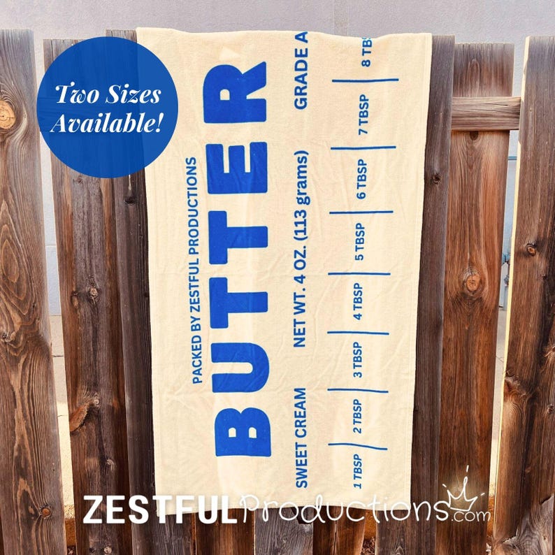 Summer Beach Essential Vintage Style Towel Quirky Butter Wrapper Pattern Blue Retro Design Premium Cotton Backing Beach Pool Accessory Vacation Ready Item Large Format Option Nostalgic Print Collection Quality Material Construction Machine