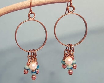 Sky Blue Glass, Silver and Swarovski Pearl Circle Earrings