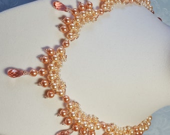 Peach Pearl and Crystal Scallop Necklace