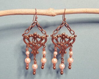 Peach Swarovski and Copper Chandelier Earrings