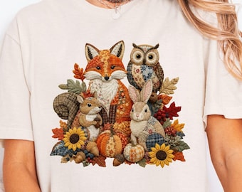 Faux Patchwork Woodland Animals Shirt, Autumn Forest Animals Sweatshirt, Cottagecore Fall Hoodie