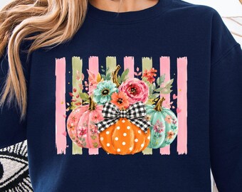 Floral Pumpkin Sweatshirt, Cute Fall Crewneck, Coquette Autumn Sweatshirt, Pink Pumpkin Graphic Sweatshirt, Thanksgiving Gift for Women