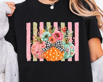 Floral Pumpkin Shirt, Cute Fall Pumpkin Tee, Coquette Autumn Shirt, Pink Pumpkin Graphic Tee, Thanksgiving Shirt, Fall Gift for Women