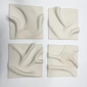 Set of 4 Handmade Ceramic Wall Sculptures – Modern Minimalist Wall Art Panels, Ivory White Gallery Wall Decor, Unique Abstract Clay Relief
