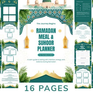 Puede incluir: Un planificador de comidas y Suhoor del Ramadán con un diseño verde azulado y dorado. El planificador incluye 16 páginas con secciones para la planificación de comidas, el enfoque energético y listas de compras. El texto "The Journey Begins" y "For The Sake of Allah" también son visibles.