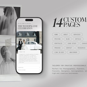 Puede incluir: Un smartphone muestra un sitio web de bodas con el texto "The Wedding Day Celebration". La imagen incluye una foto de novios, las palabras "14 Custom Pages" y botones de navegaci&oacute;n. El sitio web est&aacute; dise&ntilde;ado para profesionales creativos.