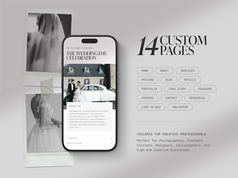 Puede incluir: Un smartphone muestra un sitio web de bodas con el texto "The Wedding Day Celebration". La imagen incluye una foto de novios, las palabras "14 Custom Pages" y botones de navegaci&oacute;n. El sitio web est&aacute; dise&ntilde;ado para profesionales creativos.