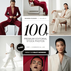 May include: A collection of images showcasing women in various suits. The images include a burgundy suit, a cream-coloured suit, and a white suit. The text reads "MODERN FOUNDER / VOLUME 01", "100+ PREMIUM EDITORIAL STOCK PHOTOS", and "PERFECT FOR BEAUTY BUSINESSES".