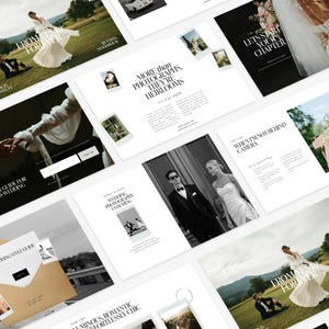 Puede incluir: Una colecci&oacute;n de maquetas de sitios web y materiales promocionales con tem&aacute;tica de bodas. Los dise&ntilde;os presentan tipograf&iacute;a elegante, fotograf&iacute;a en blanco y negro e im&aacute;genes de parejas. Los dise&ntilde;os incluyen texto como "More than Photographs, They're Heirlooms."