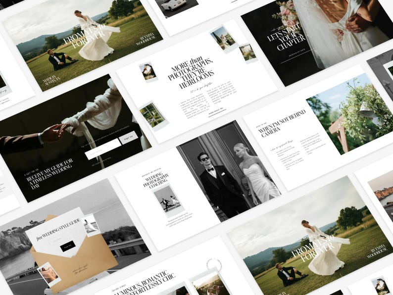 Puede incluir: Una colecci&oacute;n de maquetas de sitios web y materiales promocionales con tem&aacute;tica de bodas. Los dise&ntilde;os presentan tipograf&iacute;a elegante, fotograf&iacute;a en blanco y negro e im&aacute;genes de parejas. Los dise&ntilde;os incluyen texto como "More than Photographs, They're Heirlooms."
