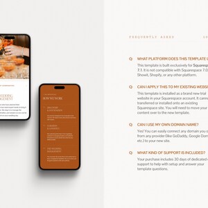 May include: Two smartphones displaying website content. One shows a wedding management service with text and a photo of drinks. The other displays "How We Work" with text. The page also includes a "Frequently Asked" section.