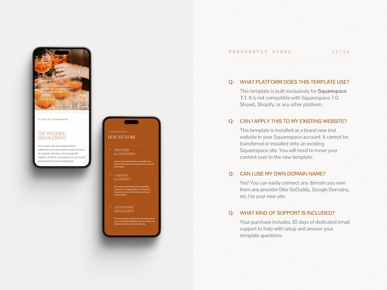 May include: Two smartphones displaying website content. One shows a wedding management service with text and a photo of drinks. The other displays "How We Work" with text. The page also includes a "Frequently Asked" section.