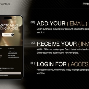 May include: A digital graphic displaying how it works steps 01-03 for a website template. A smartphone screen shows a landing page with the text READY TO MAKE A (BIG) CHANGE? and I'M READY. Three steps explain adding an email, receiving an invite, and logging in.
