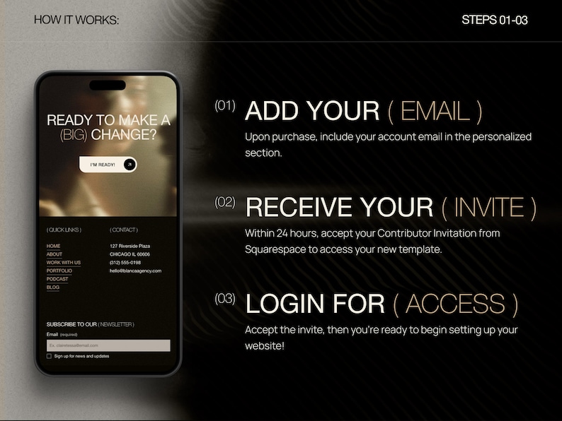 May include: A digital graphic displaying how it works steps 01-03 for a website template. A smartphone screen shows a landing page with the text READY TO MAKE A (BIG) CHANGE? and I'M READY. Three steps explain adding an email, receiving an invite, and logging in.