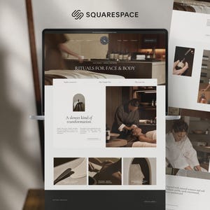 以下が含まれることがあります： スパやウェルネスブランド向けのSquarespaceウェブサイトのインターフェースを表示するデジタル画面。レイアウトには「RITUALS FOR FACE & BODY」および「A slower kind of transformation」というテキストと、スパトリートメントや製品の様々な写真が含まれています。