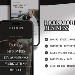 Puede incluir: Dos smartphones muestran un sitio web de fotograf&iacute;a de bodas y material promocional. Uno muestra opciones de men&uacute;: Sobre m&iacute;, Mis servicios, DIY Workbooks, Trabaja conmigo y el blog. El otro tiene el texto "BOOK MORE BUSINESS" con vi&ntilde;etas.