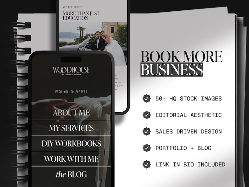 Puede incluir: Dos smartphones muestran un sitio web de fotograf&iacute;a de bodas y material promocional. Uno muestra opciones de men&uacute;: Sobre m&iacute;, Mis servicios, DIY Workbooks, Trabaja conmigo y el blog. El otro tiene el texto "BOOK MORE BUSINESS" con vi&ntilde;etas.