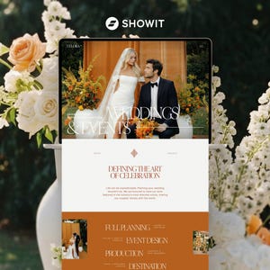 May include: A laptop screen displaying a website for Velora Weddings & Events, featuring a hero image of a couple in formal attire, with text reading Defining the Art of Celebration, Full Planning, Event Design, Production, and Destination.