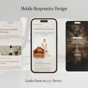 Puede incluir: Tres pantallas de smartphone que muestran una interfaz de sitio web con el texto Mobile Responsive Design y Looks Great on any Device. Las pantallas muestran dise&ntilde;os para terapia EMDR, un perfil de terapeuta de Sarah Mitchell y una p&aacute;gina de contacto.