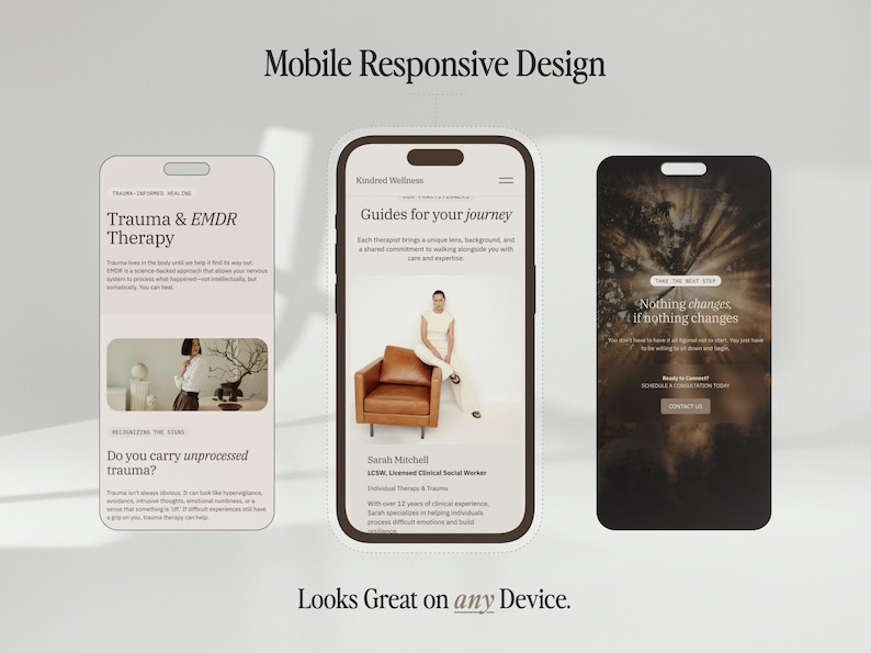 Puede incluir: Tres pantallas de smartphone que muestran una interfaz de sitio web con el texto Mobile Responsive Design y Looks Great on any Device. Las pantallas muestran dise&ntilde;os para terapia EMDR, un perfil de terapeuta de Sarah Mitchell y una p&aacute;gina de contacto.
