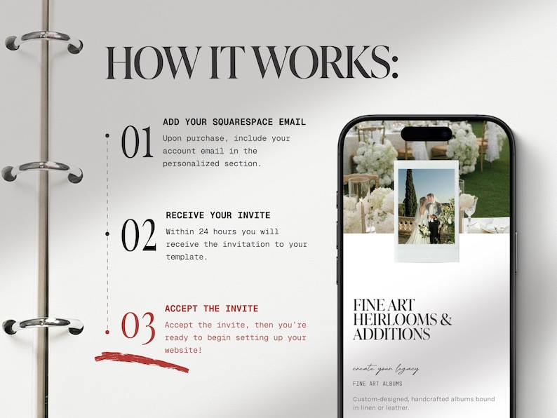 Puede incluir: Un dise&ntilde;o de invitaci&oacute;n de boda digital que se muestra en un tel&eacute;fono inteligente. La imagen muestra una gu&iacute;a paso a paso: agregar correo electr&oacute;nico, recibir invitaci&oacute;n y aceptar invitaci&oacute;n. El tel&eacute;fono muestra una foto de boda y el texto: Fine Art Heirlooms & Additions.