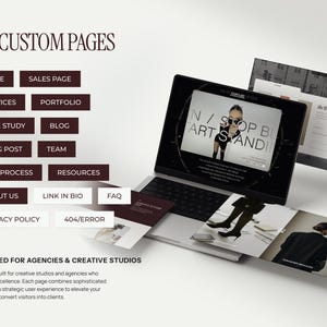May include: A laptop displaying a website design with the text "N / STOP BEING ART STANDING". The image also shows website page options such as "Home", "Sales Page", and "About Us". The design is tailored for agencies and creative studios.