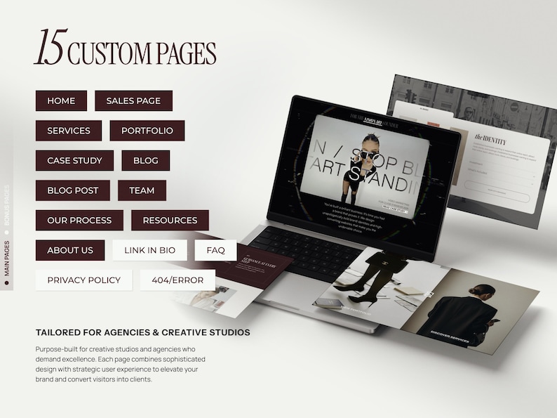 May include: A laptop displaying a website design with the text "N / STOP BEING ART STANDING". The image also shows website page options such as "Home", "Sales Page", and "About Us". The design is tailored for agencies and creative studios.