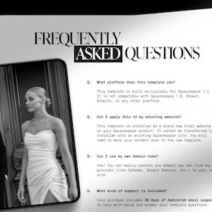 Puede incluir: Imagen en blanco y negro de un bloc de notas con el t&iacute;tulo "FREQUENTLY ASKED QUESTIONS". Una foto de una pareja con ropa formal est&aacute; a la izquierda. El texto responde preguntas sobre una plantilla de Squarespace.