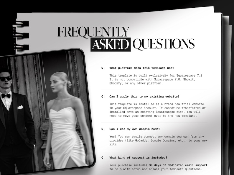 Puede incluir: Imagen en blanco y negro de un bloc de notas con el t&iacute;tulo "FREQUENTLY ASKED QUESTIONS". Una foto de una pareja con ropa formal est&aacute; a la izquierda. El texto responde preguntas sobre una plantilla de Squarespace.