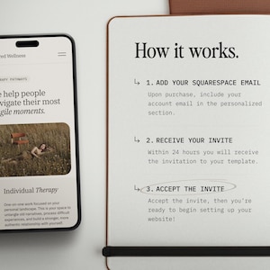 Puede incluir: Un tel&eacute;fono inteligente que muestra el sitio web de Kindred Wellness con servicios de terapia junto a un cuaderno abierto. La p&aacute;gina del cuaderno presenta el texto How it works, seguido de tres pasos numerados para a&ntilde;adir un correo, recibir y aceptar una invitaci&oacute;n.
