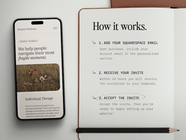 Puede incluir: Un tel&eacute;fono inteligente que muestra el sitio web de Kindred Wellness con servicios de terapia junto a un cuaderno abierto. La p&aacute;gina del cuaderno presenta el texto How it works, seguido de tres pasos numerados para a&ntilde;adir un correo, recibir y aceptar una invitaci&oacute;n.