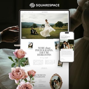 May include: A Squarespace website interface displayed on a laptop and smartphone screen, featuring wedding photography, text headers like MORE THAN PHOTOGRAPHS, THEY'RE HEIRLOOMS, and decorative pink roses arranged in the foreground of the composition.