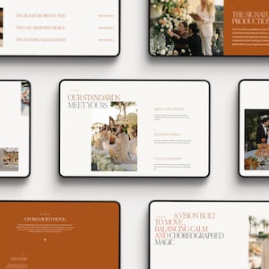 May include: A collection of digital displays showcasing wedding planning services. The screens feature images of wedding ceremonies, floral arrangements, and text such as "Our Standards Meet Yours" and "The Signature Production."