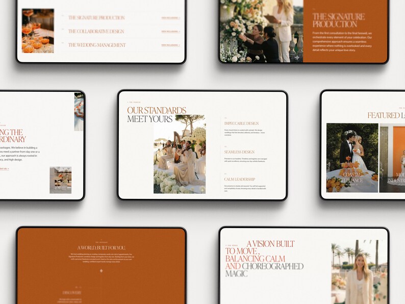 May include: A collection of digital displays showcasing wedding planning services. The screens feature images of wedding ceremonies, floral arrangements, and text such as "Our Standards Meet Yours" and "The Signature Production."