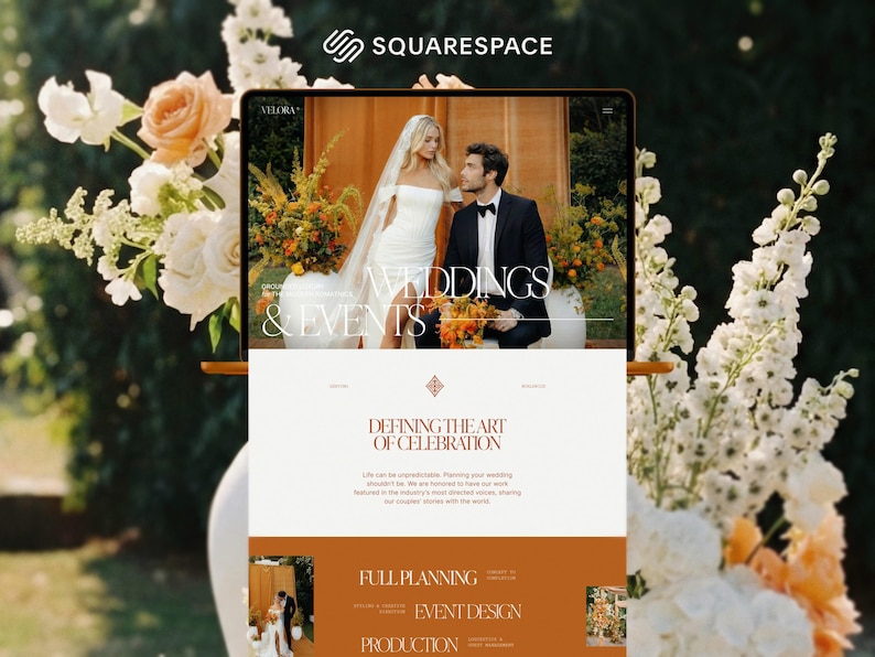 May include: A digital tablet displays a wedding and events website with the text "Weddings & Events". The website features a couple in wedding attire and a design with floral arrangements. The Squarespace logo is in the top left corner.
