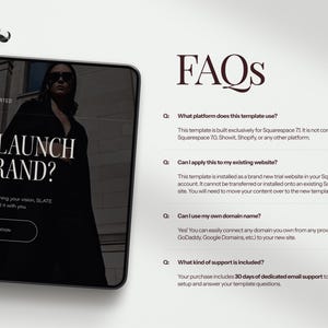 May include: A digital tablet displays a website interface with the text "READY TO LAUNCH YOUR BRAND?" and "REQUEST CONSULTATION." The image also includes a FAQ section with questions about the template's platform, website application, domain name usage, and support.